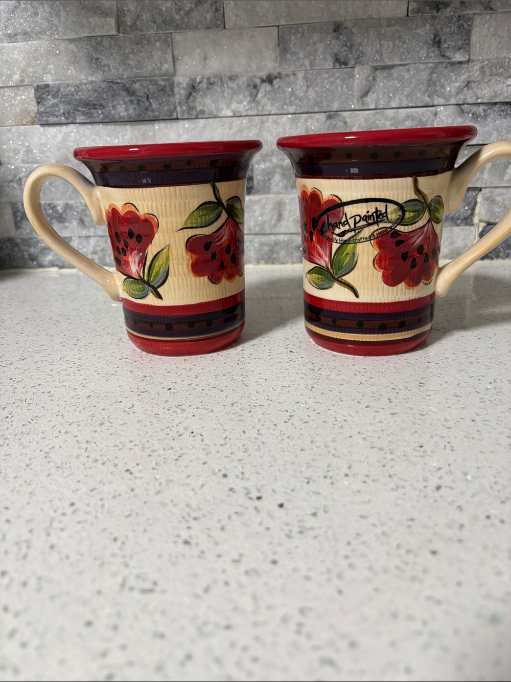 Tabletops Lifestyles “GOYA” Hand-Painted Red Floral Ceramic Mugs - Set of 2
